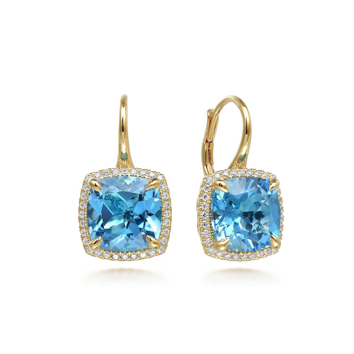 Gabriel - 14K Yellow Gold Diamond and Blue Topaz Cushion Cut Earrings With Flower Pattern J-Back