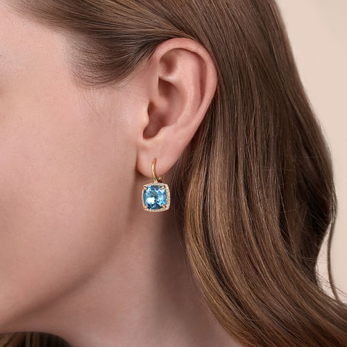 14K Yellow Gold Diamond and Blue Topaz Cushion Cut Earrings With Flower Pattern J-Back