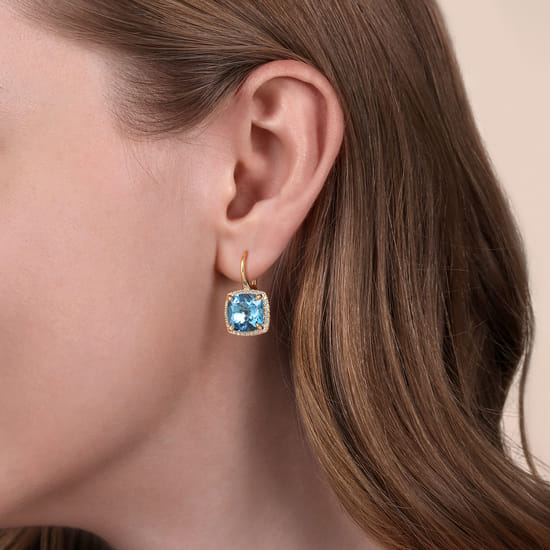 14K Yellow Gold Diamond and Blue Topaz Cushion Cut Earrings With Flower Pattern J-Back angle 2