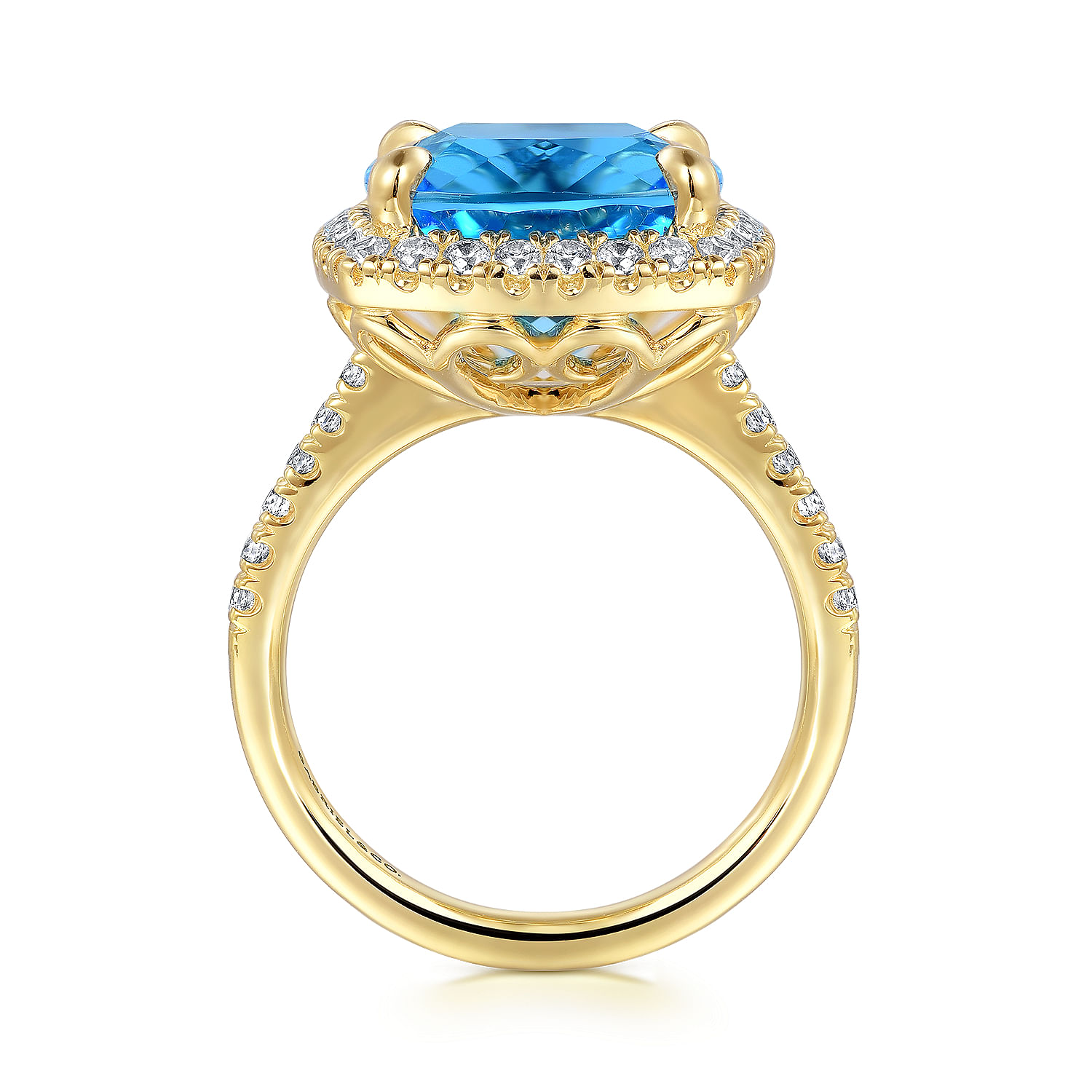 14K Yellow Gold Diamond and Blue Topaz Cushion Cut Ladies Ring With Flower Pattern Gallery