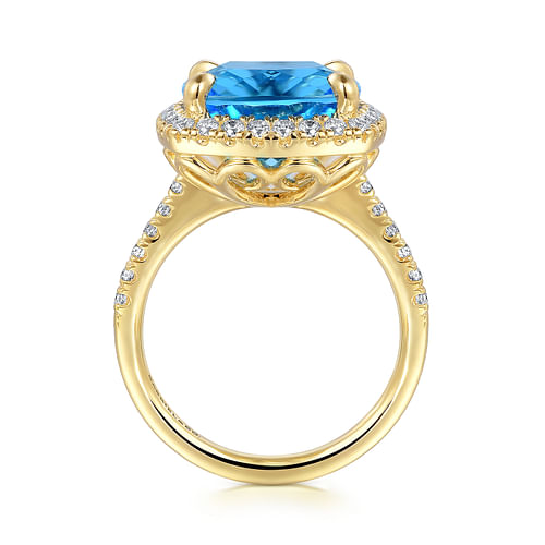 14K Yellow Gold Diamond and Blue Topaz Cushion Cut Ladies Ring With Flower Pattern Gallery