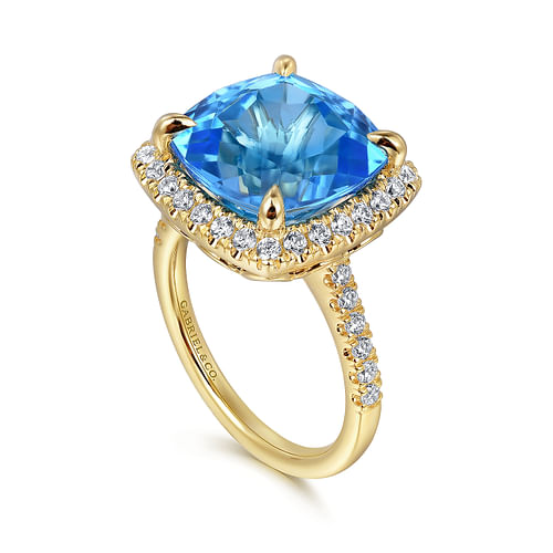 14K Yellow Gold Diamond and Blue Topaz Cushion Cut Ladies Ring With Flower Pattern Gallery