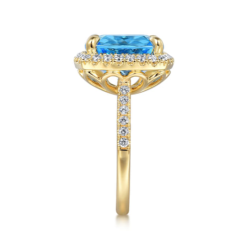 14K Yellow Gold Diamond and Blue Topaz Cushion Cut Ladies Ring With Flower Pattern Gallery