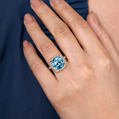 14K Yellow Gold Diamond and Blue Topaz Cushion Cut Ladies Ring With Flower Pattern Gallery