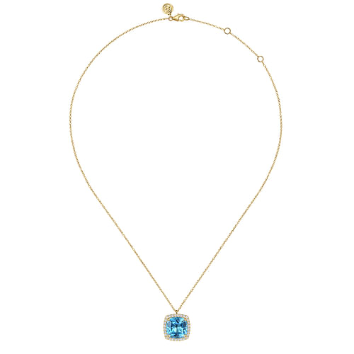 14K Yellow Gold Diamond and Blue Topaz Cushion Cut Necklace With Flower Pattern J-Back