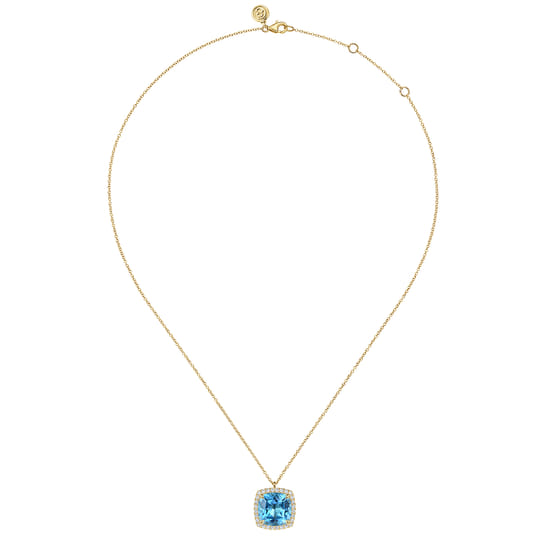 14K Yellow Gold Diamond and Blue Topaz Cushion Cut Necklace With Flower Pattern J-Back angle 2