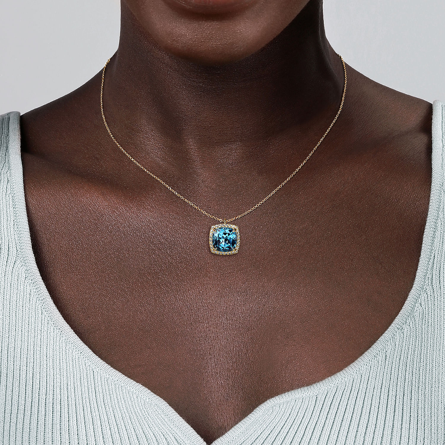 14K Yellow Gold Diamond and Blue Topaz Cushion Cut Necklace With Flower Pattern J-Back