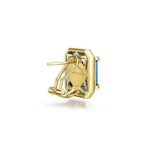 14K Yellow Gold Diamond and Blue Topaz Earrings with White Enamel