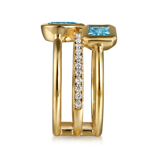 14K Yellow Gold Diamond and Blue Topaz Easy Stackable Ring angle 4 14K Yellow Gold Diamond and Blue Topaz Easy Stackable Ring angle 4