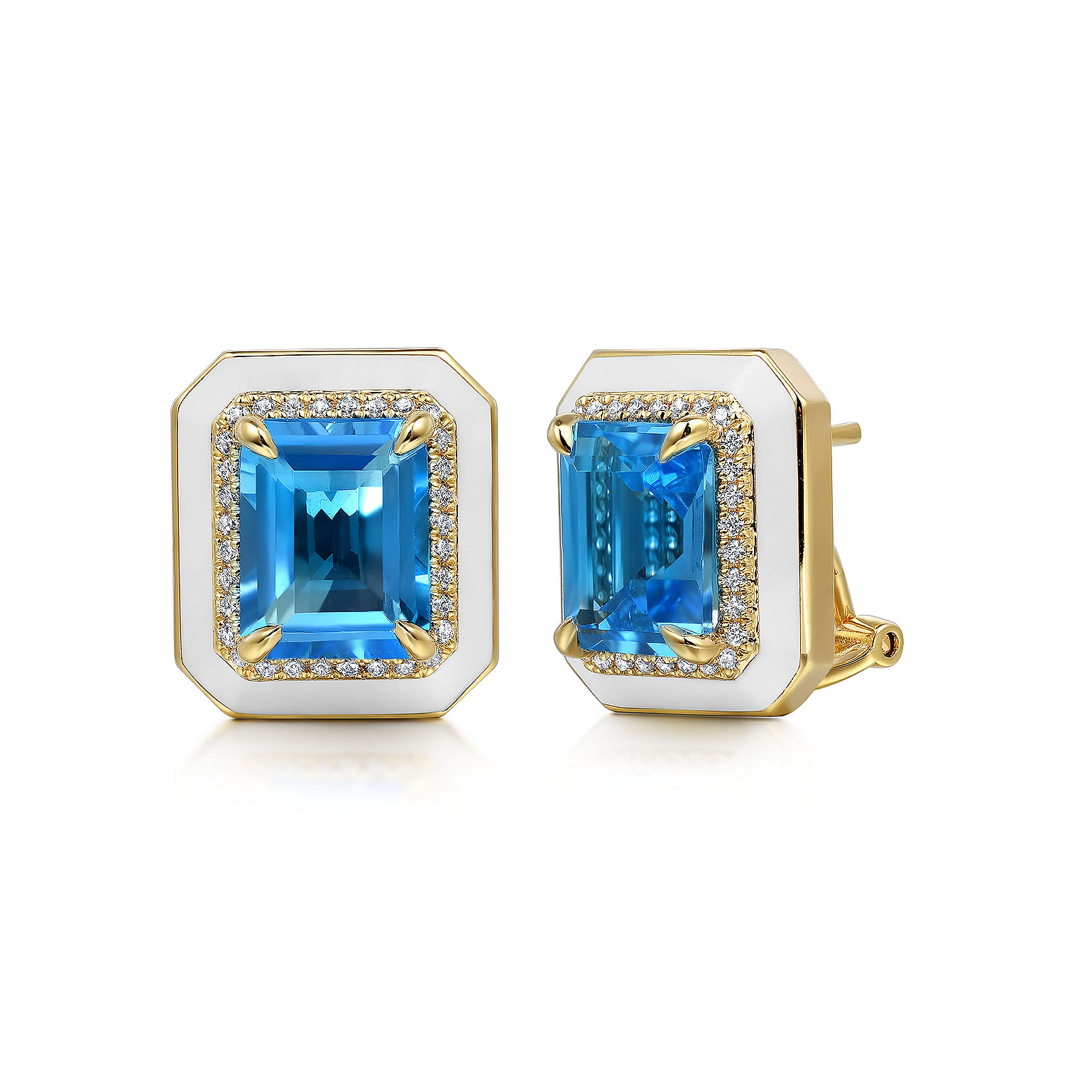 14K Yellow Gold Diamond and Blue Topaz Emerald Cut Earrings With Flower Pattern J-Back and White Enamel