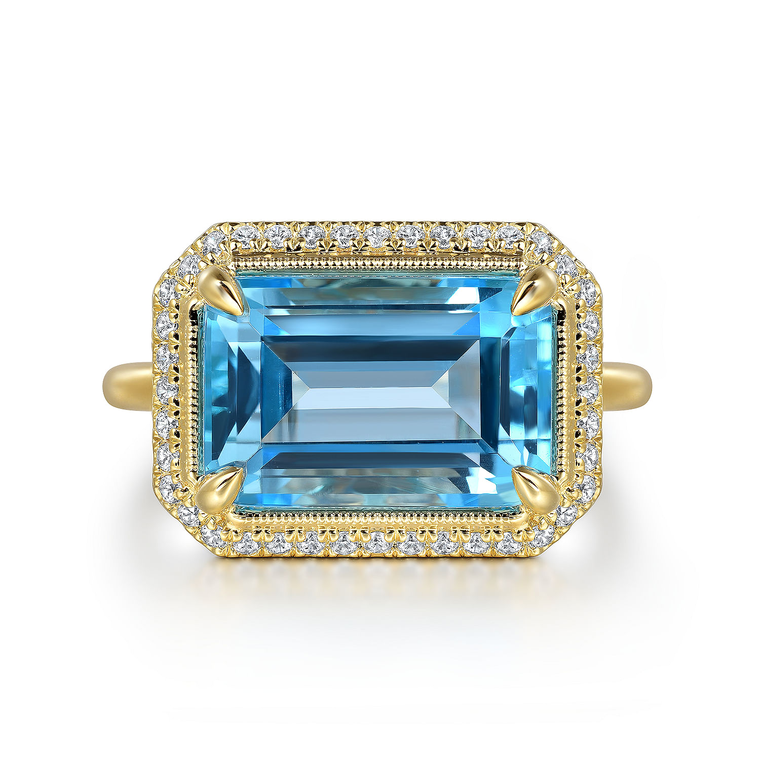 Gabriel - 14K Yellow Gold Diamond and Blue Topaz Emerald Cut Ladies Ring With Flower Pattern Gallery