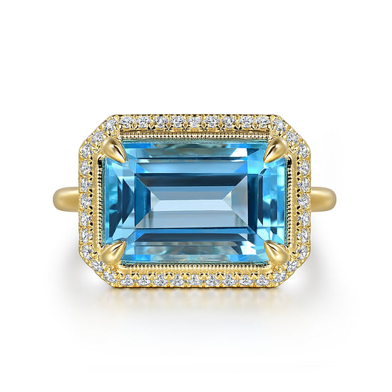 Gabriel - 14K Yellow Gold Diamond and Blue Topaz Emerald Cut Ladies Ring With Flower Pattern Gallery