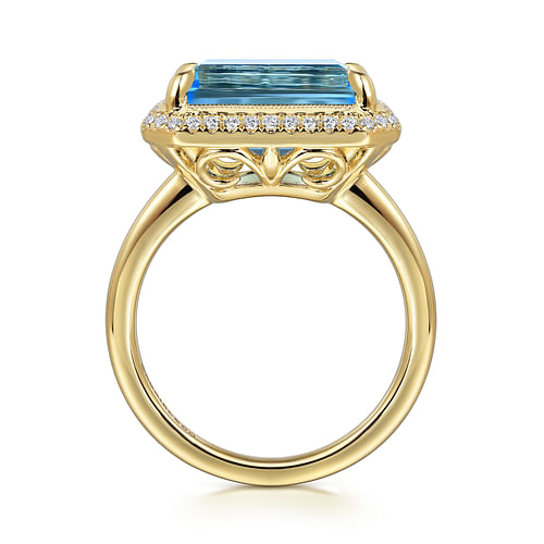 14K Yellow Gold Diamond and Blue Topaz Emerald Cut Ladies Ring With Flower Pattern Gallery