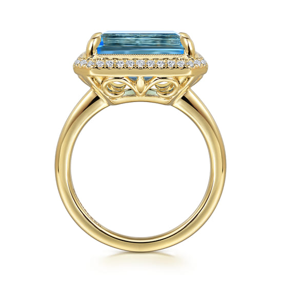 14K Yellow Gold Diamond and Blue Topaz Emerald Cut Ladies Ring With Flower Pattern Gallery angle 2 14K Yellow Gold Diamond and Blue Topaz Emerald Cut Ladies Ring With Flower Pattern Gallery angle 2