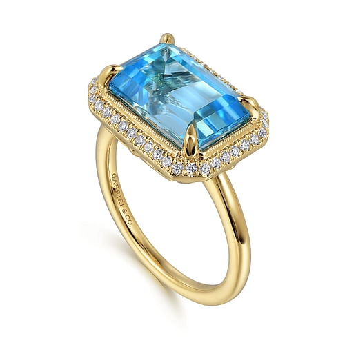 14K Yellow Gold Diamond and Blue Topaz Emerald Cut Ladies Ring With Flower Pattern Gallery