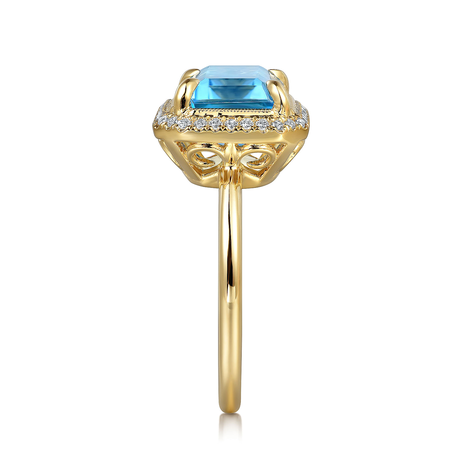 14K Yellow Gold Diamond and Blue Topaz Emerald Cut Ladies Ring With Flower Pattern Gallery
