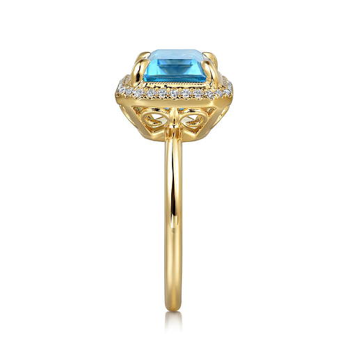 14K Yellow Gold Diamond and Blue Topaz Emerald Cut Ladies Ring With Flower Pattern Gallery