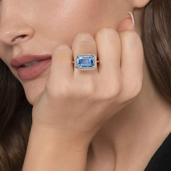 14K Yellow Gold Diamond and Blue Topaz Emerald Cut Ladies Ring With Flower Pattern Gallery angle 5 14K Yellow Gold Diamond and Blue Topaz Emerald Cut Ladies Ring With Flower Pattern Gallery angle 5