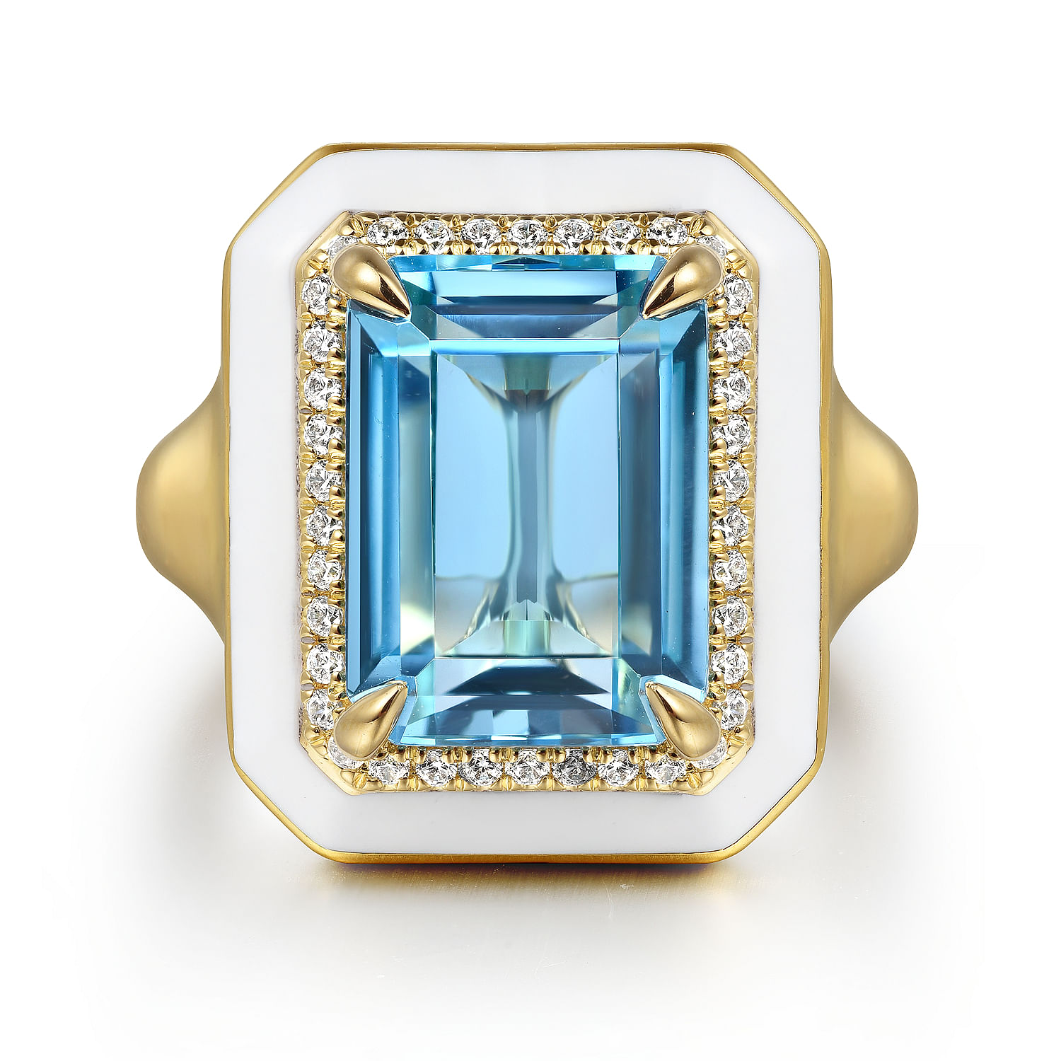 Gabriel - 14K Yellow Gold Diamond and Blue Topaz Emerald Cut Ladies Ring With Flower Pattern J-Back and White Enamel