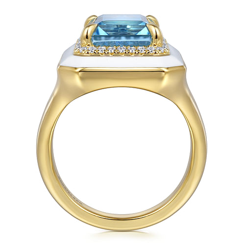 14K Yellow Gold Diamond and Blue Topaz Emerald Cut Ladies Ring With Flower Pattern J-Back and White Enamel