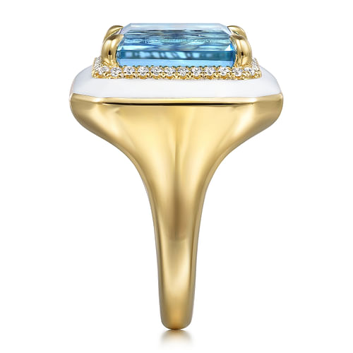 14K Yellow Gold Diamond and Blue Topaz Emerald Cut Ladies Ring With Flower Pattern J-Back and White Enamel