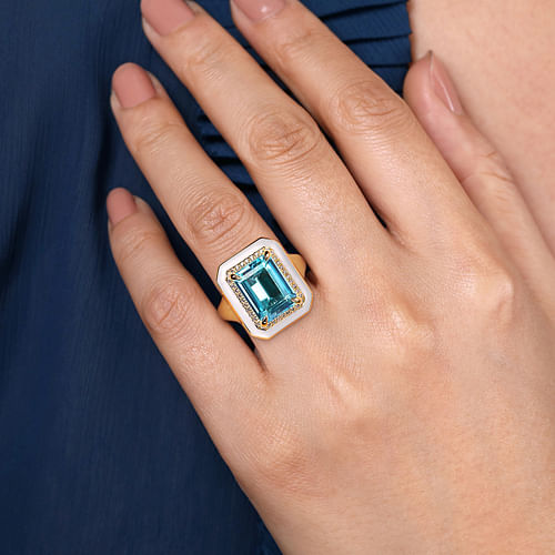 14K Yellow Gold Diamond and Blue Topaz Emerald Cut Ladies Ring With Flower Pattern J-Back and White Enamel