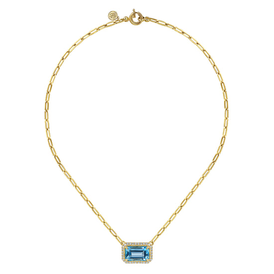 14K Yellow Gold Diamond and Blue Topaz Emerald Cut Necklace With Flower Pattern Gallery angle 2 14K Yellow Gold Diamond and Blue Topaz Emerald Cut Necklace With Flower Pattern Gallery angle 2