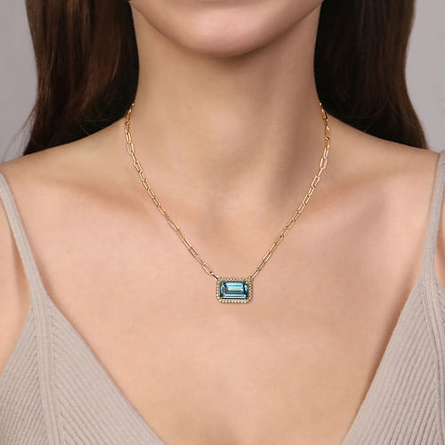 14K Yellow Gold Diamond and Blue Topaz Emerald Cut Necklace With Flower Pattern Gallery