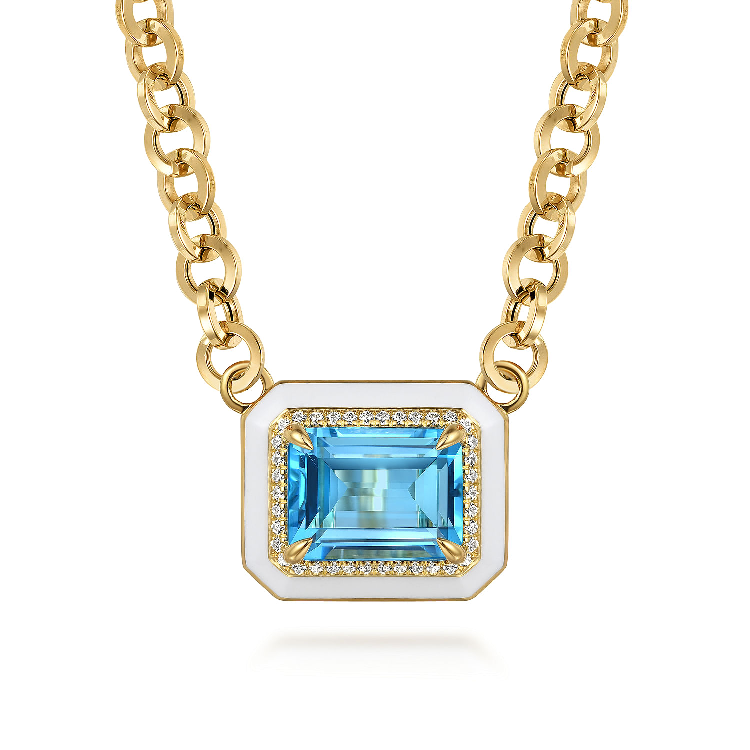 Gabriel - 14K Yellow Gold Diamond and Blue Topaz Emerald Cut Necklace With Flower Pattern J-Back and White Enamel
