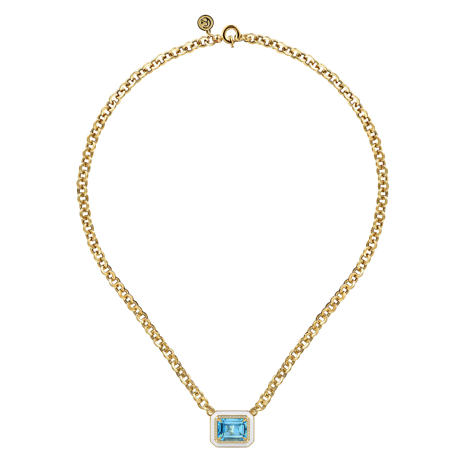 14K Yellow Gold Diamond and Blue Topaz Emerald Cut Necklace With Flower Pattern J-Back and White Enamel