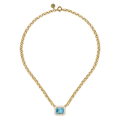 14K Yellow Gold Diamond and Blue Topaz Emerald Cut Necklace With Flower Pattern J-Back and White Enamel