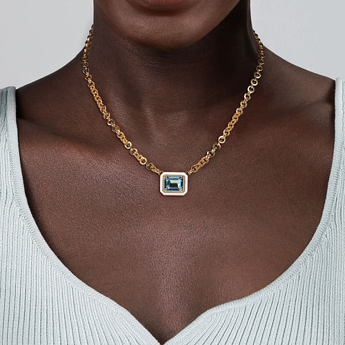 14K Yellow Gold Diamond and Blue Topaz Emerald Cut Necklace With Flower Pattern J-Back and White Enamel