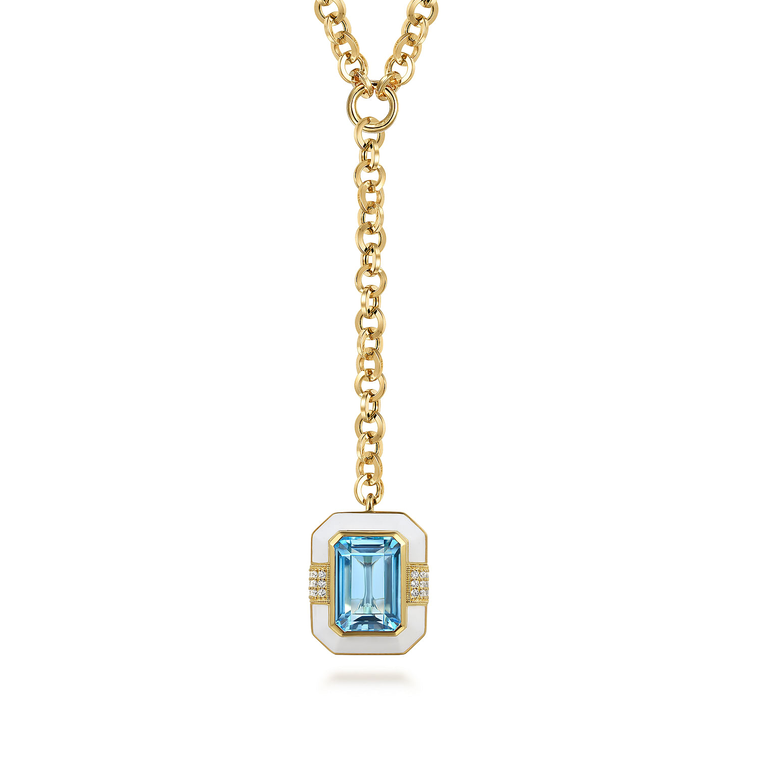 Gabriel - 14K Yellow Gold Diamond and Blue Topaz Emerald Cut Y-Layer Necklace With Flower Pattern J-Back and White Enamel