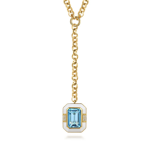 14K Yellow Gold Diamond and Blue Topaz Emerald Cut Y-Layer Necklace With Flower Pattern J-Back and White Enamel