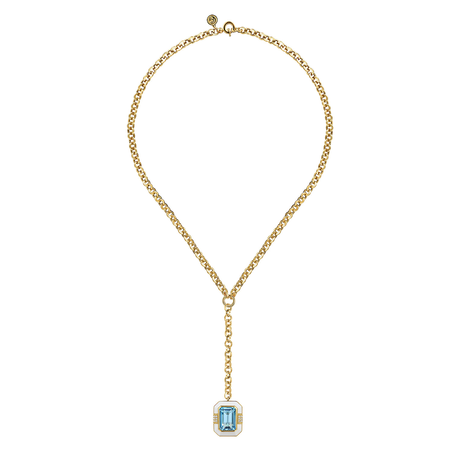 14K Yellow Gold Diamond and Blue Topaz Emerald Cut Y-Layer Necklace With Flower Pattern J-Back and White Enamel