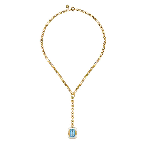 14K Yellow Gold Diamond and Blue Topaz Emerald Cut Y-Layer Necklace With Flower Pattern J-Back and White Enamel