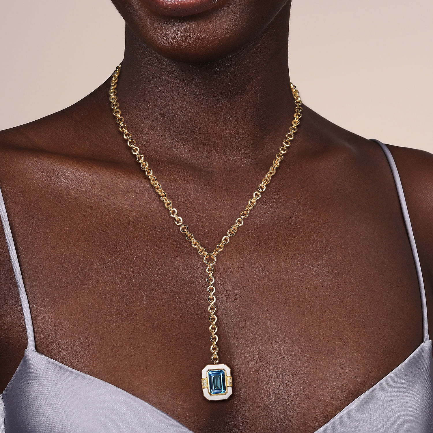 14K Yellow Gold Diamond and Blue Topaz Emerald Cut Y-Layer Necklace With Flower Pattern J-Back and White Enamel