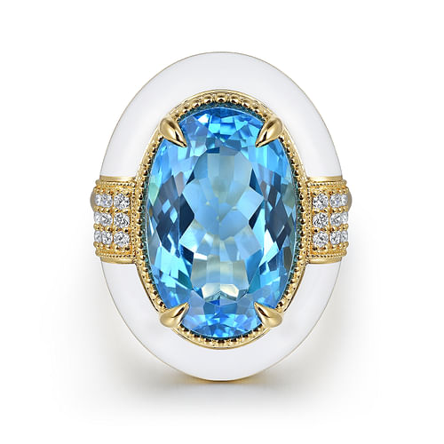 14K Yellow Gold Diamond and Blue Topaz Fashion Ring With White Enamel