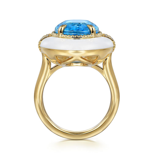 14K Yellow Gold Diamond and Blue Topaz Fashion Ring With White Enamel