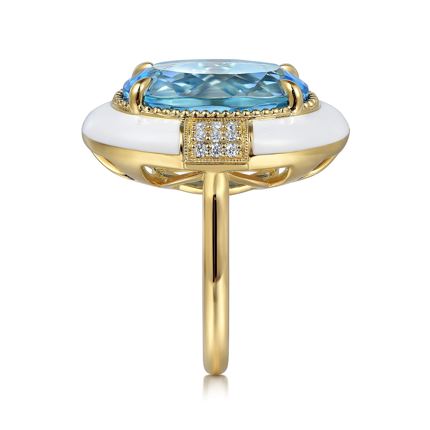 14K Yellow Gold Diamond and Blue Topaz Fashion Ring With White Enamel