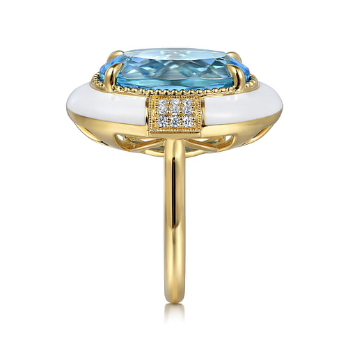 14K Yellow Gold Diamond and Blue Topaz Fashion Ring With White Enamel