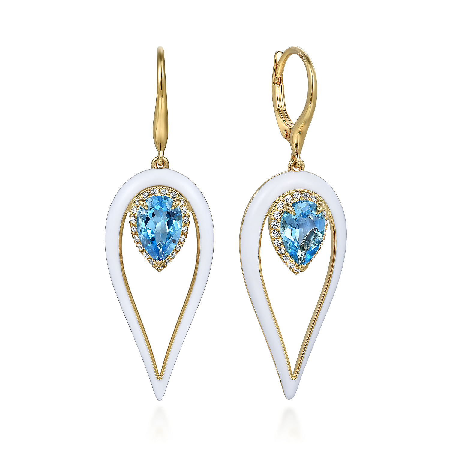 14K Yellow Gold Diamond and Blue Topaz Long Pear Shape Drop Earrings With White Enamel