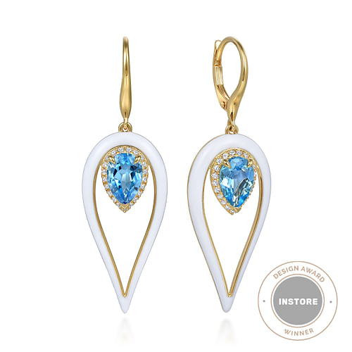 14K Yellow Gold Diamond and Blue Topaz Long Pear Shape Drop Earrings With White Enamel