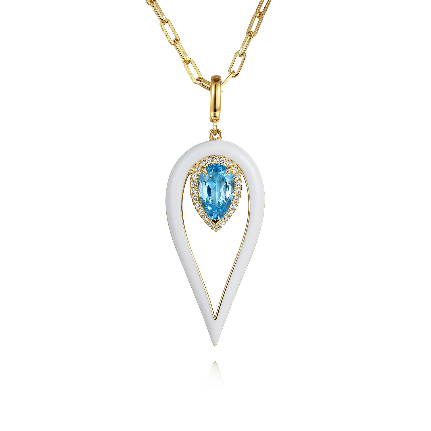 14K Yellow Gold Diamond and Blue Topaz Long Pear Shape Drop Necklace With White Enamel