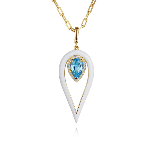 14K Yellow Gold Diamond and Blue Topaz Long Pear Shape Drop Necklace With White Enamel