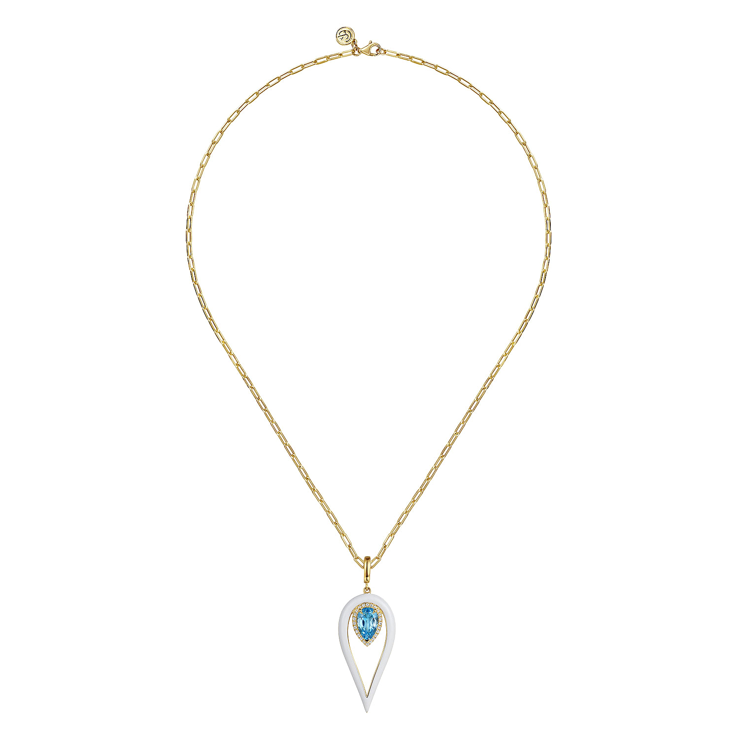 14K Yellow Gold Diamond and Blue Topaz Long Pear Shape Drop Necklace With White Enamel