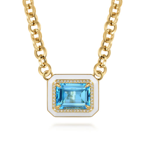 14K Yellow Gold Diamond and Blue Topaz Necklace With Flower Pattern J-Back and White Enamel