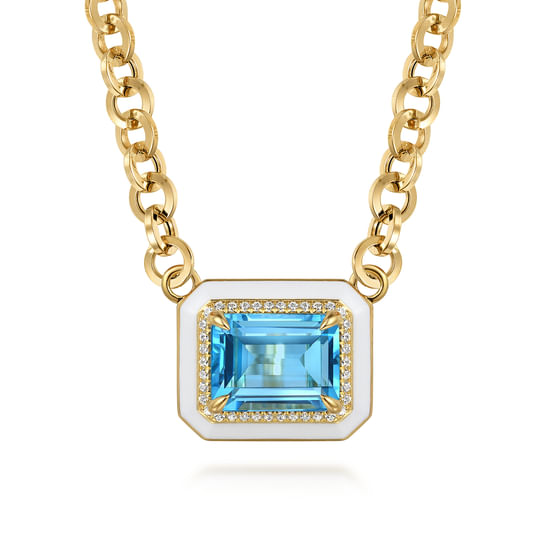 Gabriel - 14K Yellow Gold Diamond and Blue Topaz Necklace With Flower Pattern J-Back and White Enamel