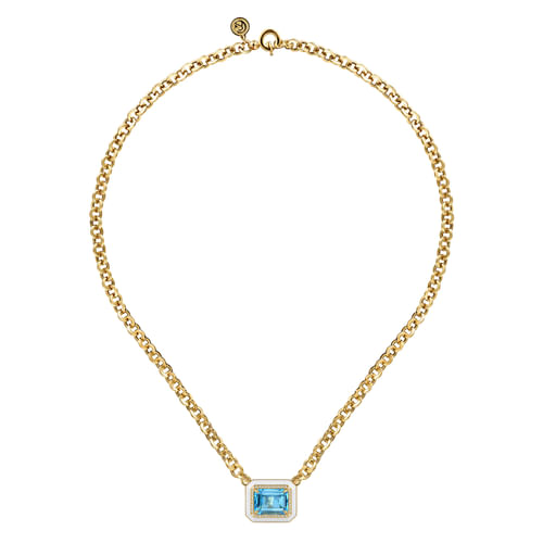 14K Yellow Gold Diamond and Blue Topaz Necklace With Flower Pattern J-Back and White Enamel