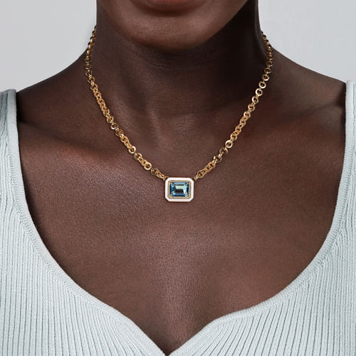 14K Yellow Gold Diamond and Blue Topaz Necklace With Flower Pattern J-Back and White Enamel